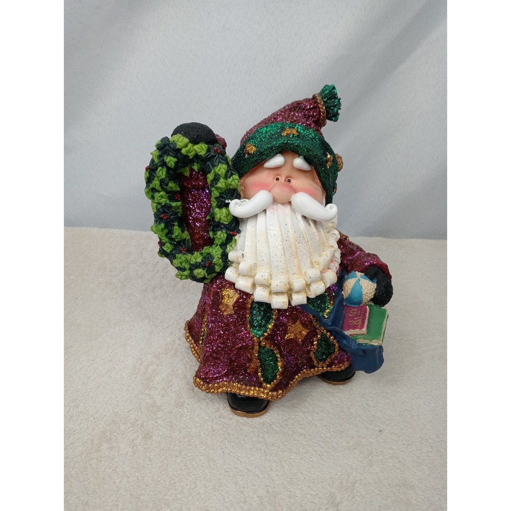 Mardi Gras Santa Figurine Purple Green Gold‎ Glitter Whimsical Holiday Decor